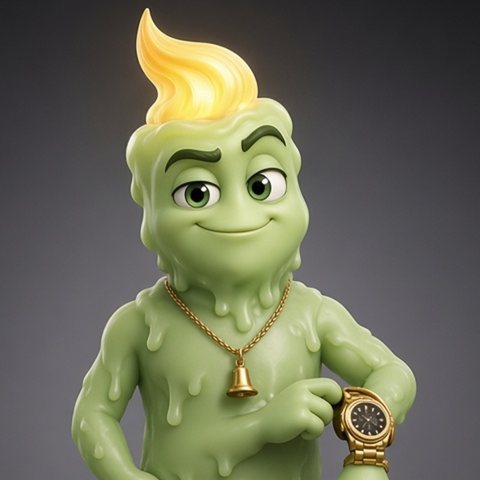 Sterling Wick, a living green wax candle with a flame pompadour, gold watch and chain